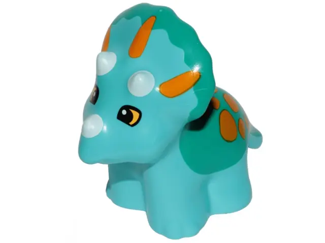 Medium Azure Duplo Dinosaur Triceratops Baby with Fixed Dark Turquoise Top and Printed White Horns, 