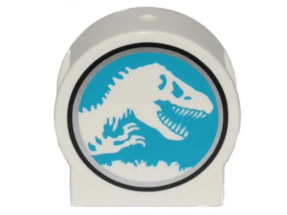 White Duplo, Brick 1 x 2 x 2 Round Top, Cut Away Sides with Jurassic World Logo Pattern