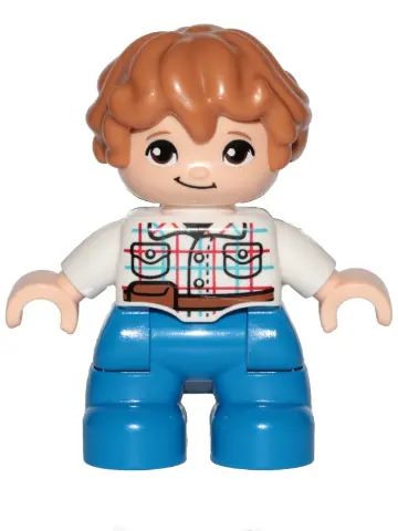 Duplo Figure Lego Ville, Child Boy, Blue Legs, White Checkered Shirt with Belt, Medium Nougat Hair