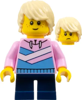 Child - Boy, Bright Pink Hoodie with Medium Blue and White Diagonal Stripes, Dark Blue Short Legs, T