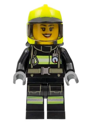 Fire - Female, Black Jacket and Legs with Reflective Stripes, Neon Yellow Fire Helmet, Trans-Brown V