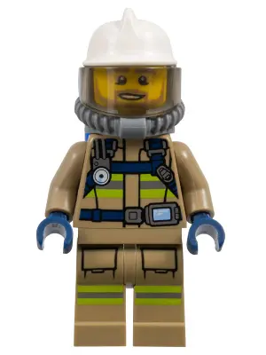 Fire - Reflective Stripes, Dark Tan Suit, White Fire Helmet, Open Mouth with Beard, Breathing Neck G