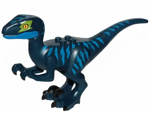 Dark Blue Dinosaur Raptor / Velociraptor with Blue Markings and Lime Eye Patch
