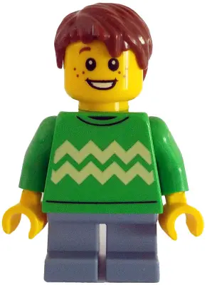 Child - Boy, Bright Green Sweater with Bright Light Yellow Zigzag Lines, Sand Blue Short Legs, Reddi