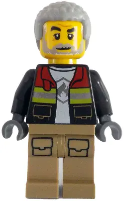 Fire - Male, Black Open Jacket with Reflective Stripes and Red Collar, Dark Tan Legs, Light Bluish G