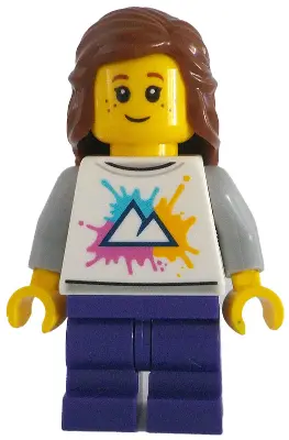 Tram Passenger - Female, White Shirt with Mountains Logo, Dark Purple Medium Legs, Reddish Brown Hai