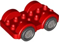 Red Duplo Car Base 2 x 6 with Black Tires with Flat Silver Wheels on Fixed Axles