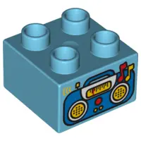 Medium Azure Duplo, Brick 2 x 2 with Boom Box Radio Pattern