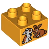 Bright Light Orange Duplo, Brick 2 x 2 with 2 Bunny Rabbits Pattern