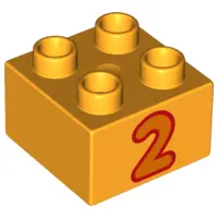 Bright Light Orange Duplo, Brick 2 x 2 with Number 2 Orange Pattern