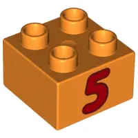 Orange Duplo, Brick 2 x 2 with Number 5 Red Pattern
