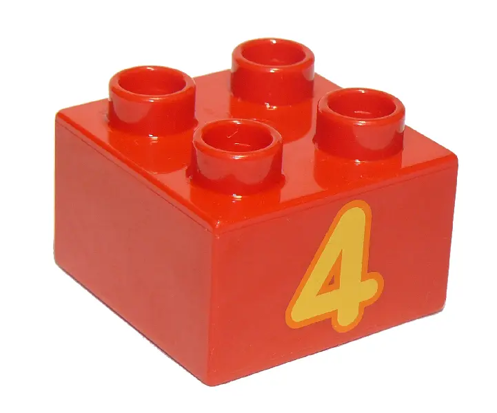 Red Duplo, Brick 2 x 2 with Number 4 Bright Light Orange Pattern