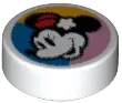 White Tile, Round 1 x 1 with Minnie Mouse Head Profile with Red Hat on Blue, Bright Light Orange, an