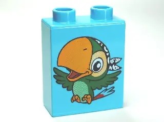 Medium Azure Duplo, Brick 1 x 2 x 2 with Bird Skully the Parrot Pattern