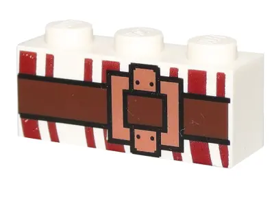 White Brick 1 x 3 with Dark Red Lines and Brown Belt with Buckle Pattern