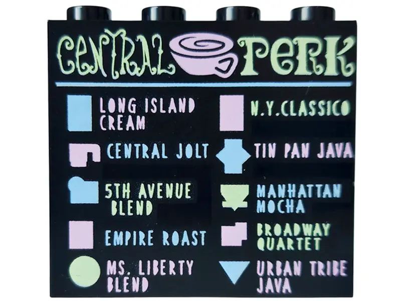 Black Panel 1 x 4 x 3 with Side Supports - Hollow Studs with 'CENTRAL PERK' Coffee Menu Pattern