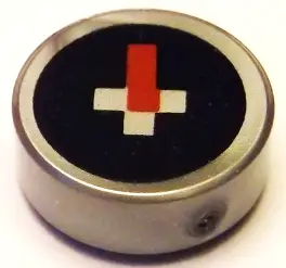 Flat Silver Tile, Round 1 x 1 with Red Rectangle and White Squares on Black Background Pattern (Mine