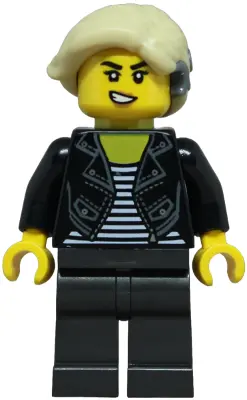 Sports Car Driver - Female, Black Leather Jacket over Shirt with White Stripes, Pearl Dark Gray Legs