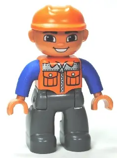 Duplo Figure Lego Ville, Male, Dark Bluish Gray Legs, Orange Vest with Zipper and Pockets, Orange Co