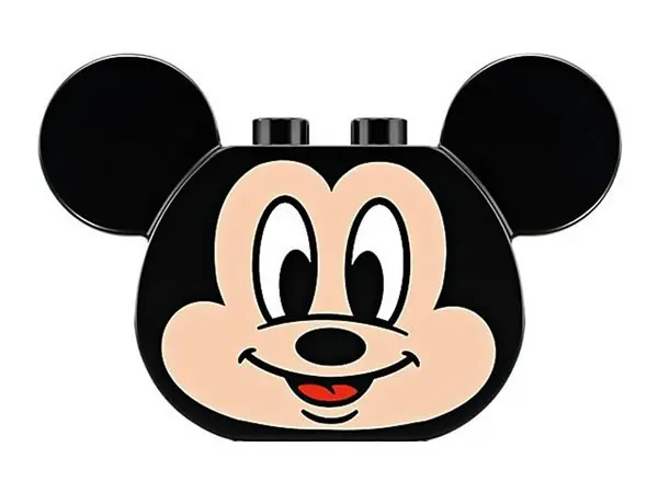 Black Duplo, Brick 2 x 4 x 2 Rounded Ends and Mouse Ears, Light Nougat Mickey Mouse Face Pattern