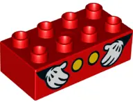 Red Duplo, Brick 2 x 4 with 2 Yellow Buttons and Mickey Mouse Hands Pattern