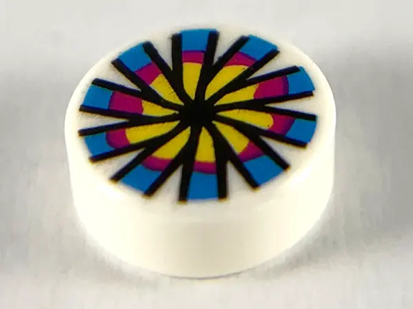 White Tile, Round 1 x 1 with Yellow, Magenta and Dark Azure Flower and Chinese Pellet Drum Pattern
