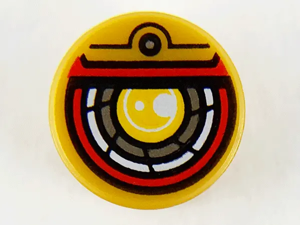 Pearl Gold Tile, Round 1 x 1 with Yellow, Silver, White, and Red Robotic Eye Pattern