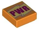 Orange Tile 1 x 1 with Magenta 'PWR' on Bright Light Yellow Background, Metallic Pink Lines Pattern