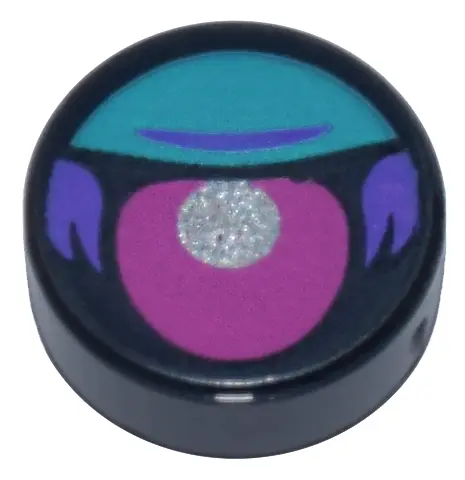 Black Tile, Round 1 x 1 with Magenta Eye with Silver Pupil, Dark Turquoise Eyelid, and Dark Purple F