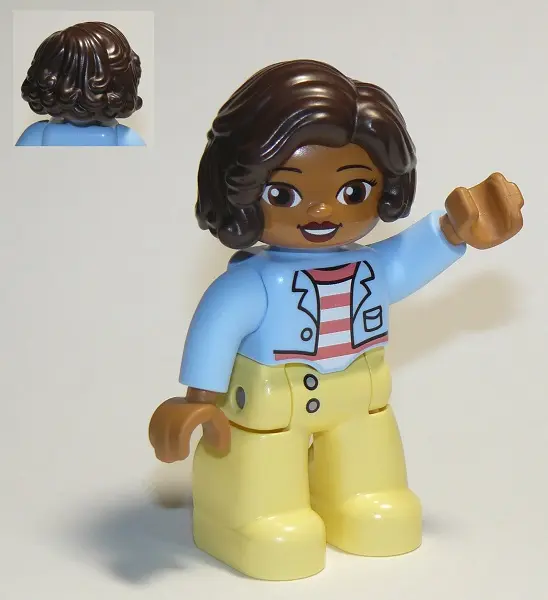 Duplo Figure Lego Ville, Female, Bright Light Yellow Legs, Bright Light Blue Top with Coral and Whit