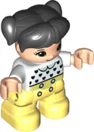 Duplo Figure Lego Ville, Child Girl, Bright Light Yellow Legs, White Top with Black Hearts, Black Ha