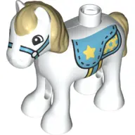 White Duplo Horse Baby Foal Pony with Tan Mane and Tail, Medium Azure Saddle with Bright Light Yello