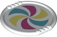 White Duplo Utensil Disk with Magenta, Bright Light Yellow, and Medium Azure Pinwheel Pattern