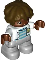 Duplo Figure Lego Ville, Child Boy, Light Bluish Gray Legs, White Jacket, Light Aqua and Medium Azur