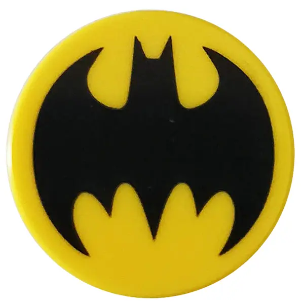 Yellow Tile, Round 2 x 2 with Bottom Stud Holder with Black Bat Batman Logo Pattern