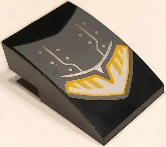 Black Slope, Curved 3 x 2 with Dark Bluish Gray Motorcycle Mudguard with Silver Lines and Dots and Y