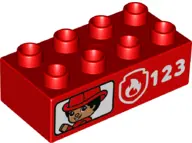 Red Duplo, Brick 2 x 4 with Firefighter, Fire Badge Logo, and '123' Pattern on Both Sides