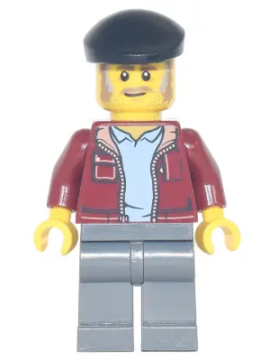 Man, Dark Red Jacket with Bright Light Blue Shirt, Dark Bluish Gray Legs, Black Beret, Moustache and