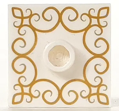 White Plate, Modified 2 x 2 with Groove and 1 Stud in Center with Gold Filigree Pattern