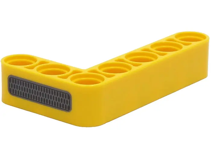 Yellow Technic, Liftarm, Modified Bent Thick L-Shape 3 x 5 with Silver and Black Grille Pattern