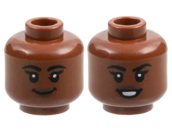 Reddish Brown Minifigure, Head Dual Sided Female, Black Eyebrows, Dark Brown Lips, Grin / Open Mouth