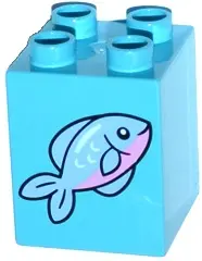 Medium Azure Duplo, Brick 2 x 2 x 2 with Fish with Pink Stomach Pattern