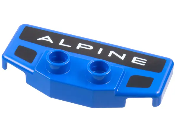 Blue Duplo Rear Spoiler / Wing with White 'ALPINE' on Black Background, 2 Black Markings Pattern
