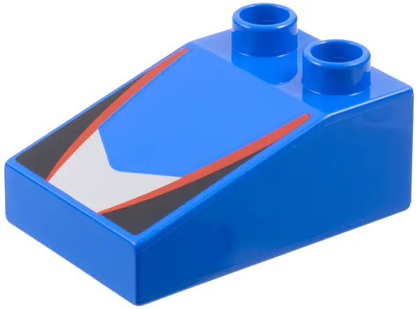 Blue Duplo, Brick 3 x 2 Slope 33 with Silver V-Shaped Center Panel, Red Stripes, Black Triangles Pat