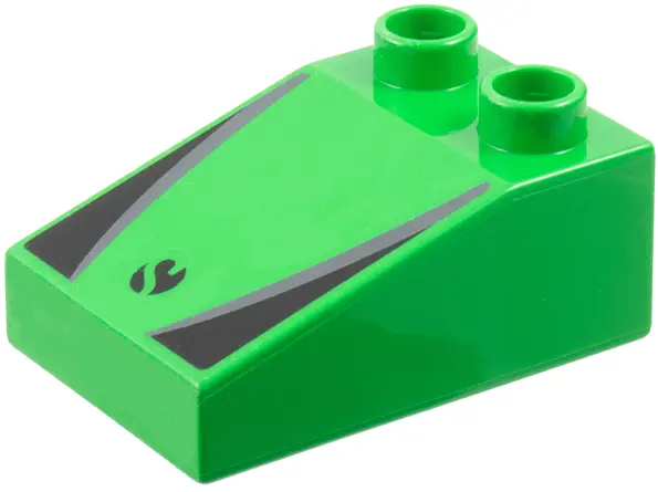 Bright Green Duplo, Brick 3 x 2 Slope 33 with Sauber Formula 1 Logo Partial Capital Letter S on Blac