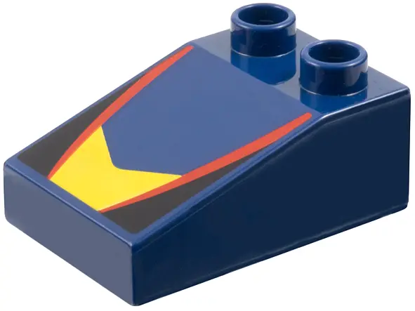 Dark Blue Duplo, Brick 3 x 2 Slope 33 with Yellow V-Shaped Center Panel, Red Stripes, Black Triangle