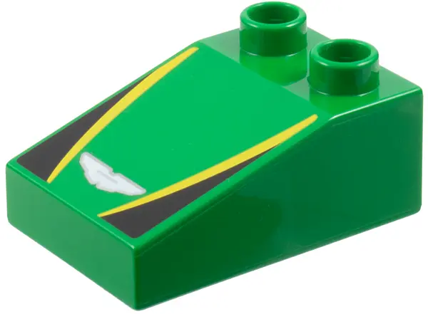 Green Duplo, Brick 3 x 2 Slope 33 with Silver and White Aston Martin Logo, Yellow Stripes, Black Tri