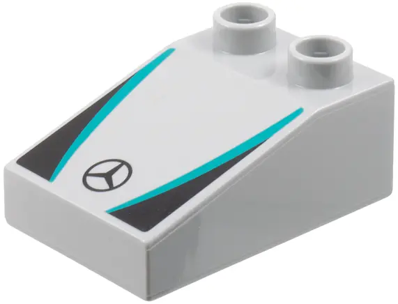 Light Bluish Gray Duplo, Brick 3 x 2 Slope 33 with Mercedes Logo, Dark Turquoise Stripes, Black Tria