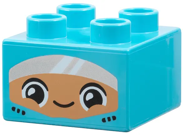 Medium Azure Duplo, Brick 2 x 2 with Seat Belts, Nougat Face with Black and White Eyes, Closed Mouth