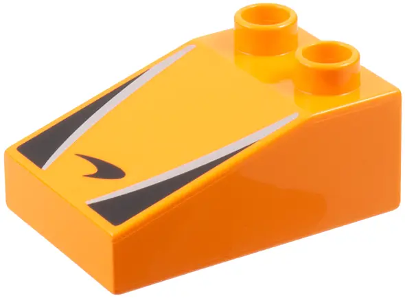 Orange Duplo, Brick 3 x 2 Slope 33 with McLaren Logo, Silver Stripes, Black Triangles Pattern